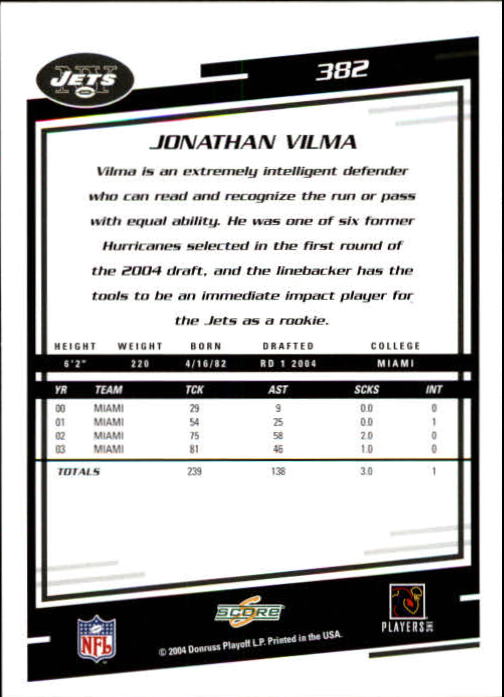 2004 Score #382 Jonathan Vilma RC back image