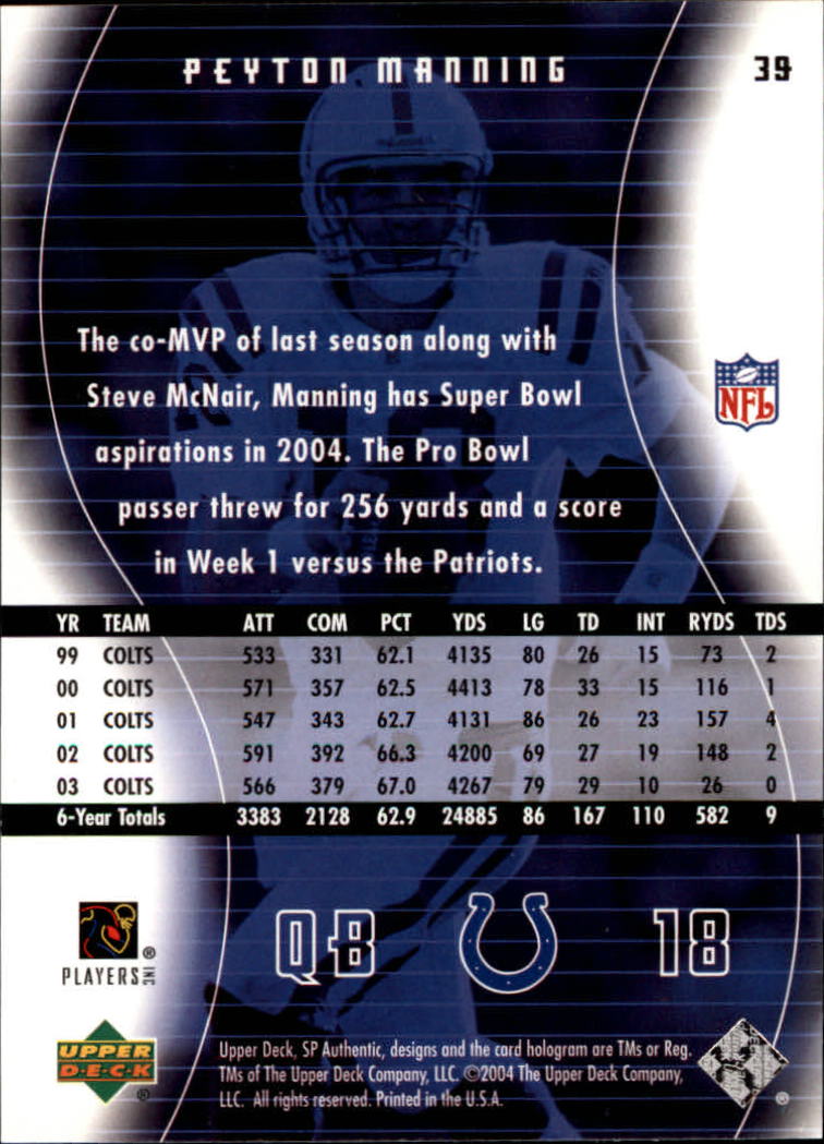 2004 SP Authentic #39 Peyton Manning back image
