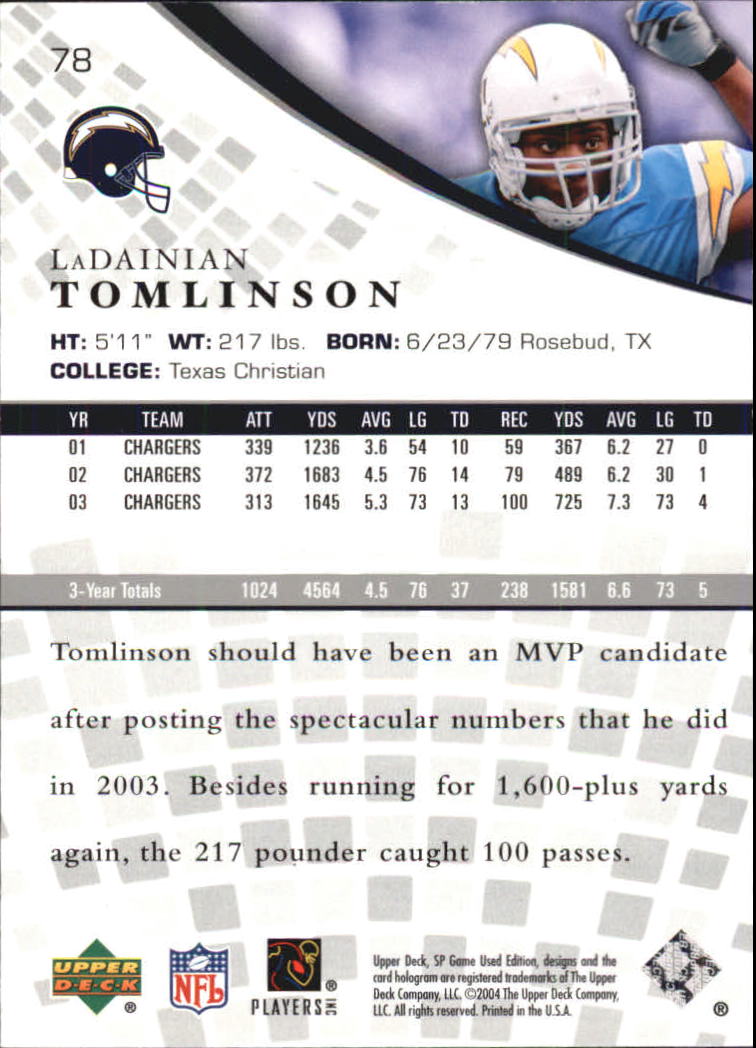 2004 SP Game Used Edition #78 LaDainian Tomlinson back image