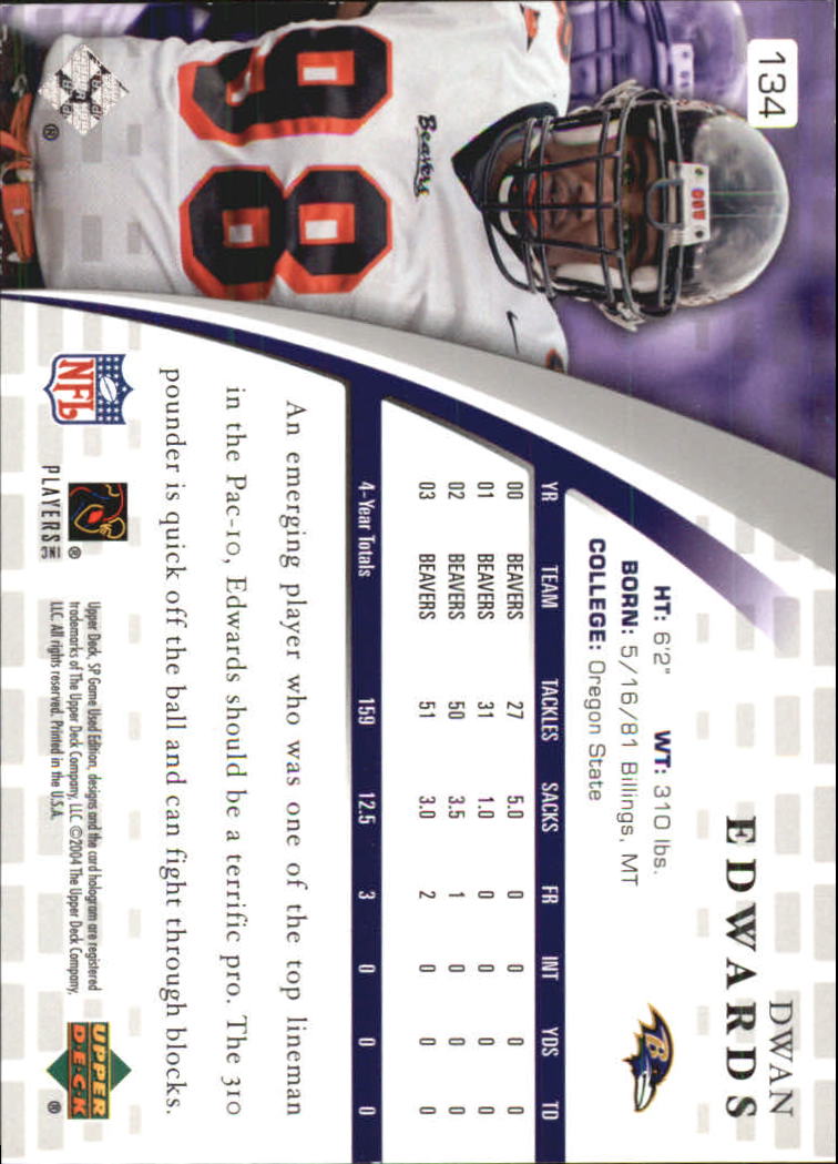 2004 SP Game Used Edition #134 Dwan Edwards RC back image