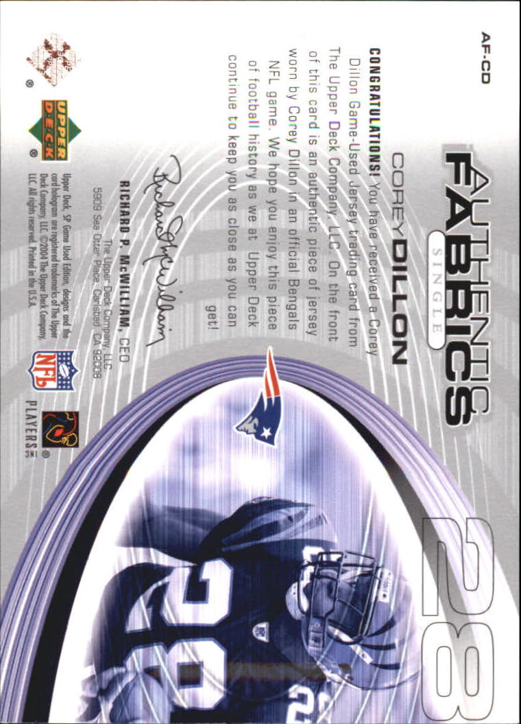2004 SP Game Used Edition Authentic Fabric #AFCD Corey Dillon back image