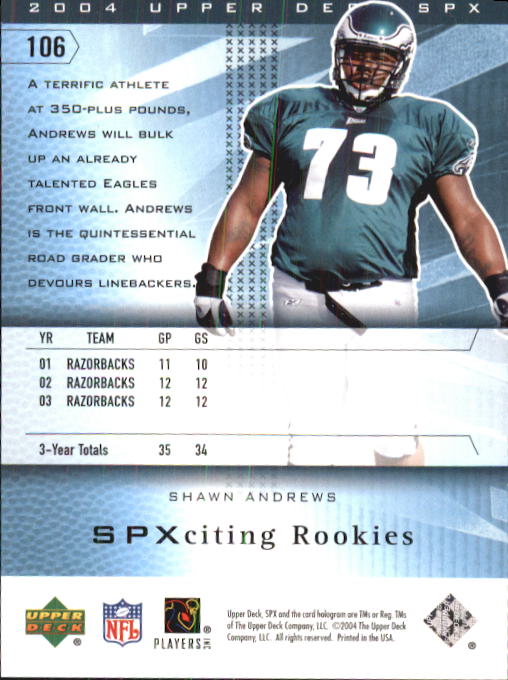 2004 SPx #106 Shawn Andrews RC back image