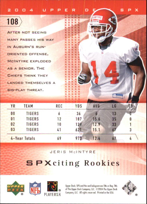 2004 SPx (Upper Deck) Football "Main Set" Cards #1 to #179 - Picture 207 of 276