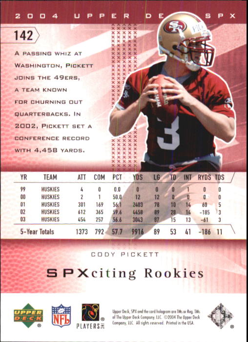 2004 SPx #142 Cody Pickett RC back image
