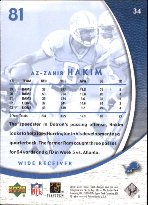 2004 Sweet Spot (Upper Deck) Football "Main Set" Cards #1 to #228 - Picture 69 of 307
