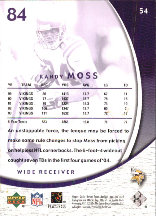 2004 Sweet Spot (Upper Deck) Football "Main Set" Cards #1 to #228 - Picture 109 of 307