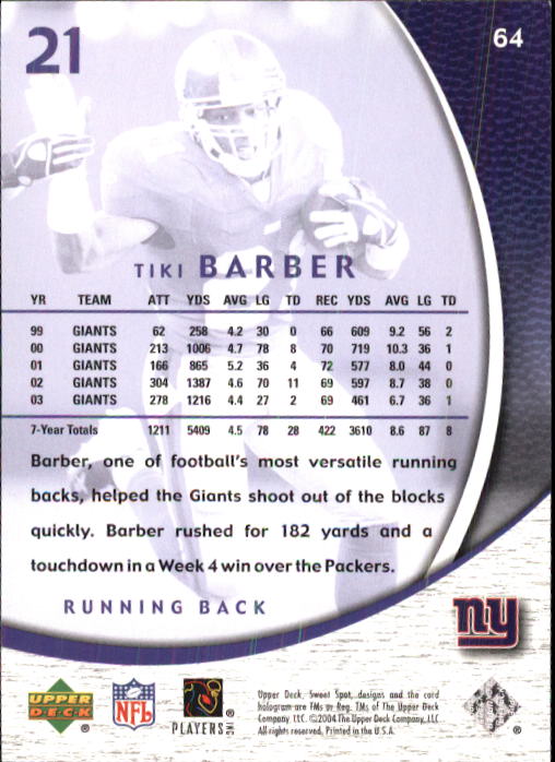 2004 Sweet Spot (Upper Deck) Football "Main Set" Cards #1 to #228 - Picture 127 of 307