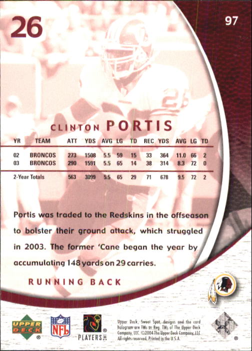 2004 Sweet Spot (Upper Deck) Football "Main Set" Cards #1 to #228 - Picture 191 of 307