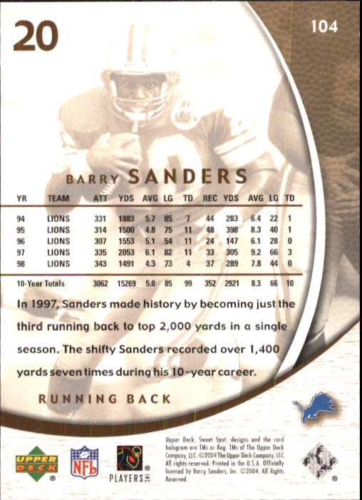 2004 Sweet Spot #104 Barry Sanders back image