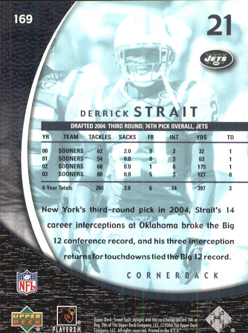 2004 Sweet Spot (Upper Deck) Football "Main Set" Cards #1 to #228 - Picture 249 of 307