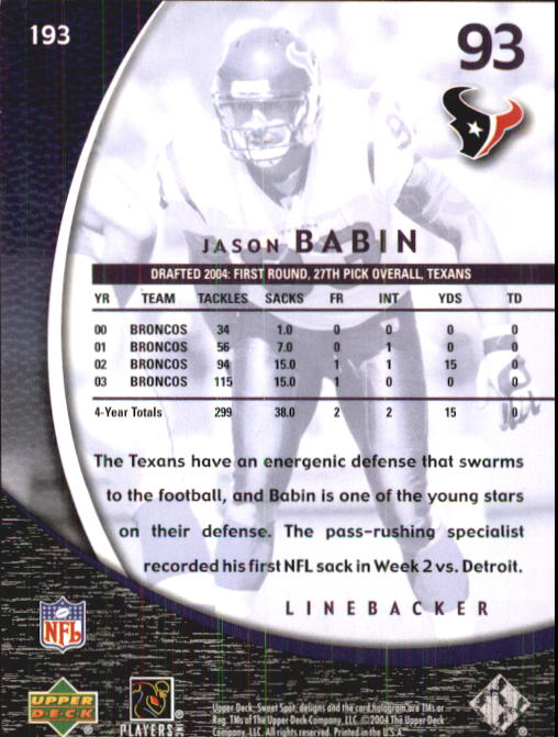 2004 Sweet Spot (Upper Deck) Football "Main Set" Cards #1 to #228 - Picture 281 of 307