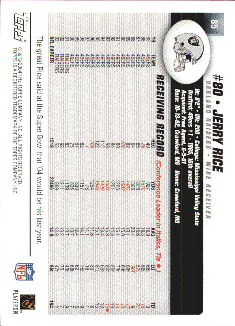 2004 Topps #85 Jerry Rice back image