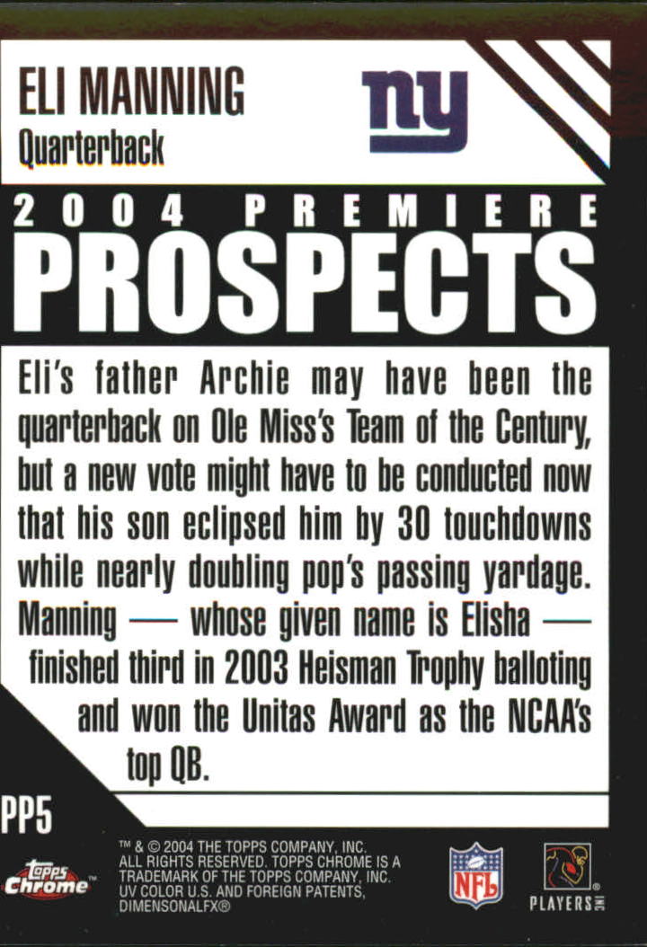 2004 Topps Chrome Premiere Prospects #PP5 Eli Manning back image