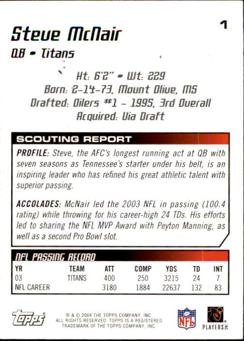 2004 Topps Draft Picks and Prospects #1 Steve McNair back image