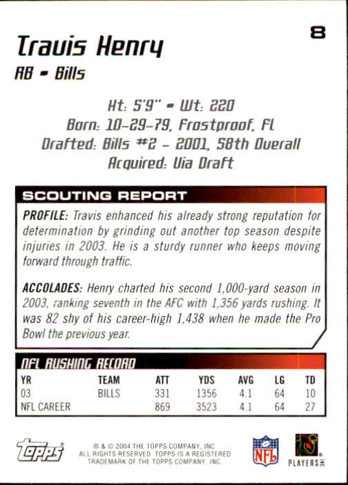 2004 Topps Draft Picks and Prospects #8 Travis Henry back image