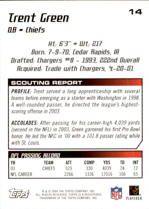 2004 Topps Draft Picks and Prospects #14 Trent Green back image