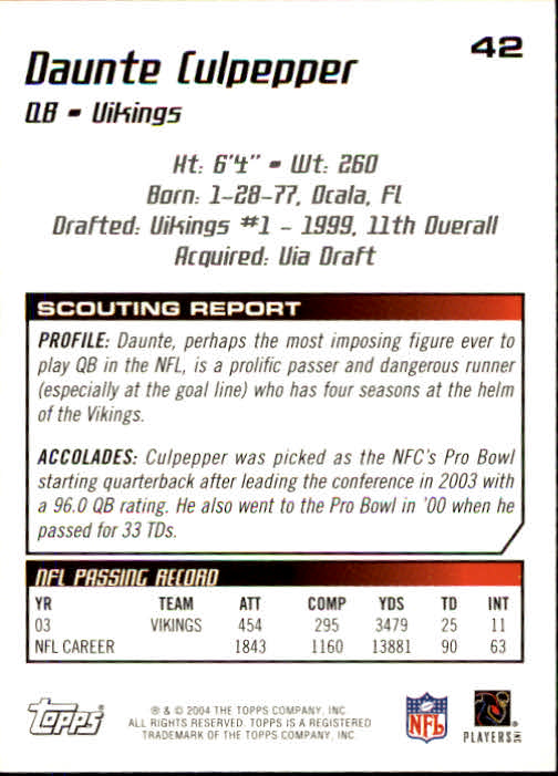 2004 Topps Draft Picks and Prospects #42 Daunte Culpepper back image