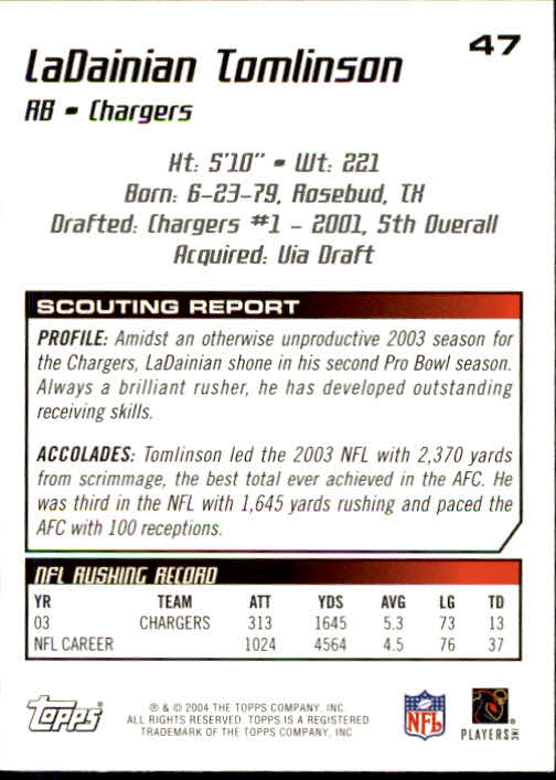 2004 Topps Draft Picks and Prospects #47 LaDainian Tomlinson back image