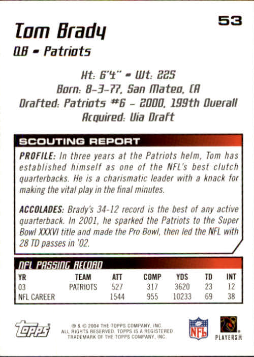 2004 Topps Draft Picks and Prospects #53 Tom Brady back image