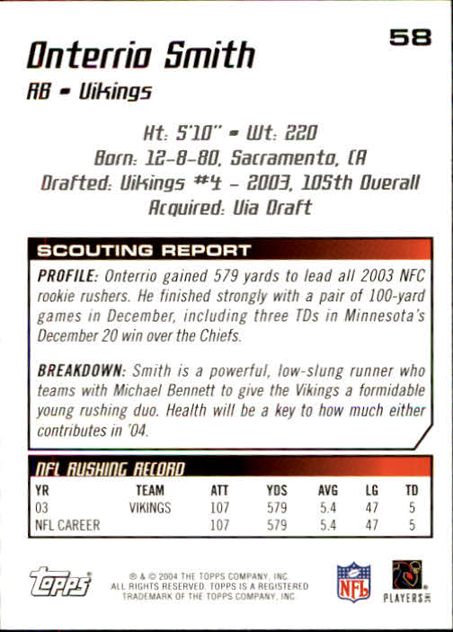 2004 Topps Draft Picks and Prospects #58 Onterrio Smith back image