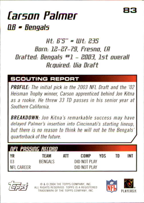 2004 Topps Draft Picks and Prospects #83 Carson Palmer back image