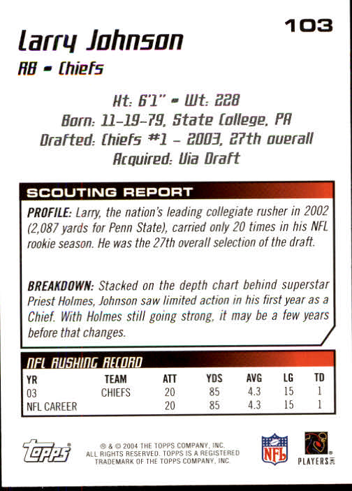 2004 Topps Draft Picks and Prospects #103 Larry Johnson back image