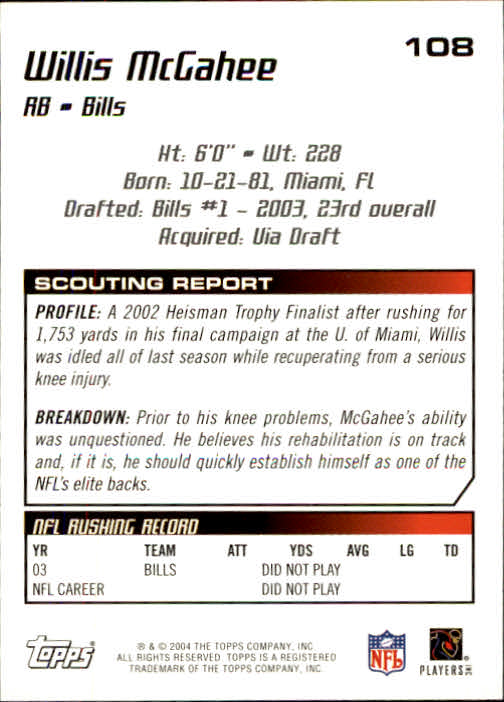 2004 Topps Draft Picks and Prospects #108 Willis McGahee back image