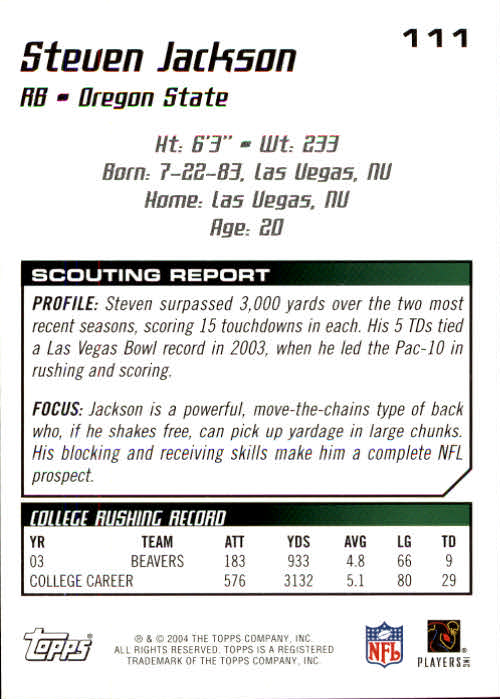 2004 Topps Draft Picks and Prospects #111 Steven Jackson RC back image