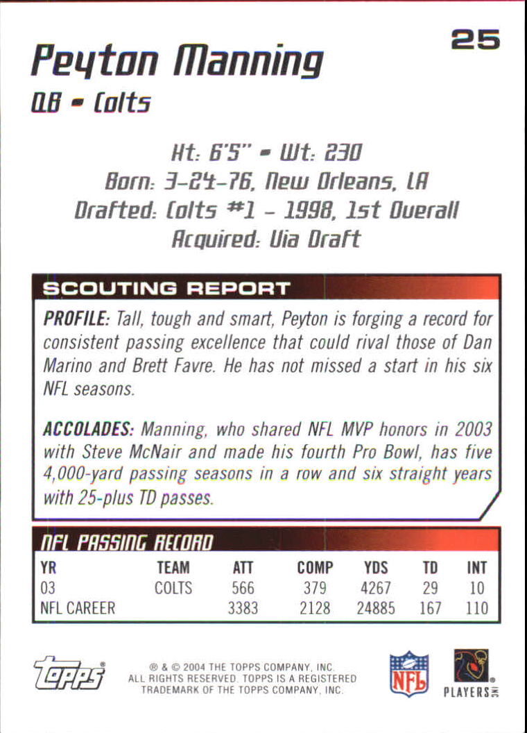 2004 Topps Draft Picks and Prospects Chrome #25 Peyton Manning back image