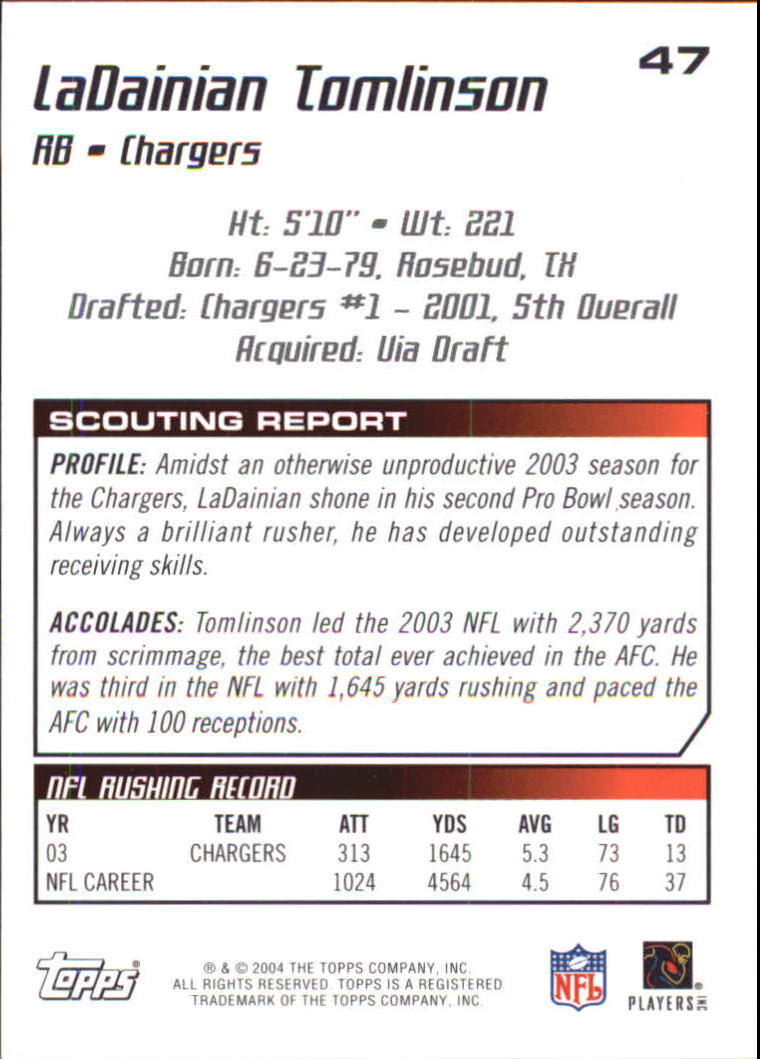 2004 Topps Draft Picks and Prospects Chrome #47 LaDainian Tomlinson back image