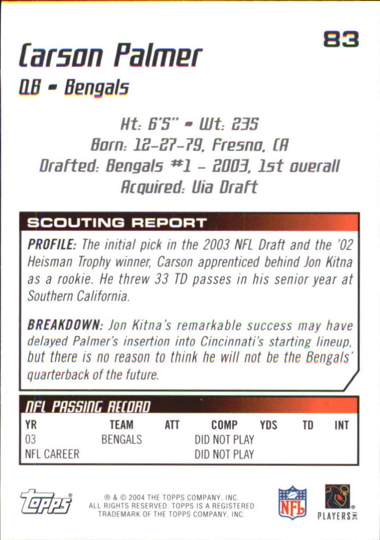 2004 Topps Draft Picks and Prospects Chrome #83 Carson Palmer back image