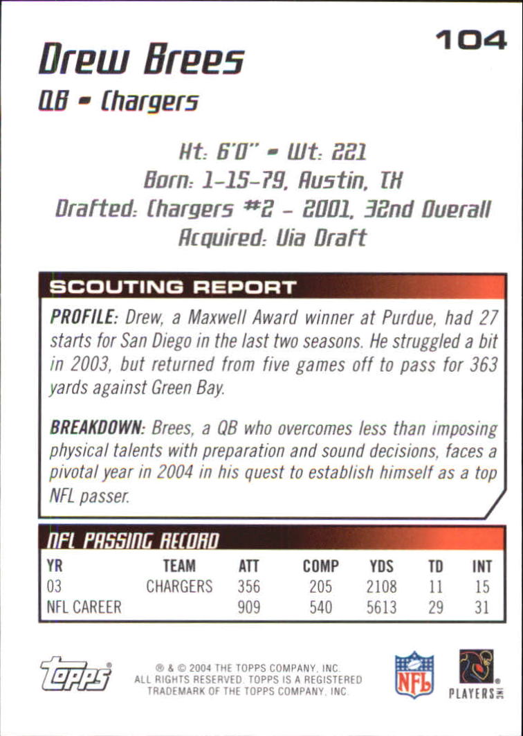 2004 Topps Draft Picks and Prospects Chrome #104 Drew Brees back image