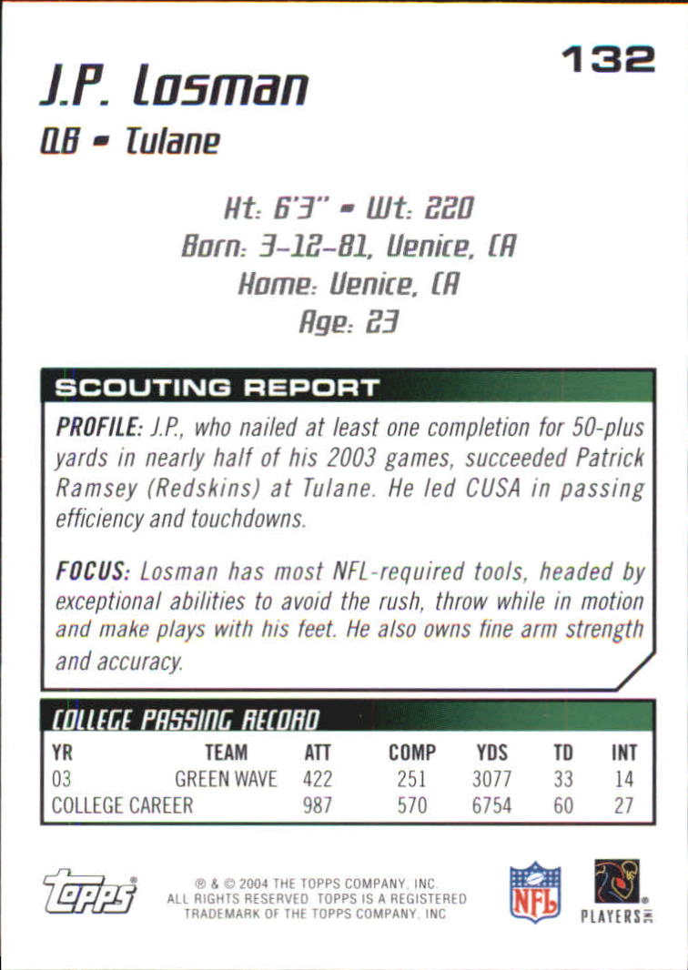 2004 Topps Draft Picks and Prospects Chrome #132 J.P. Losman back image