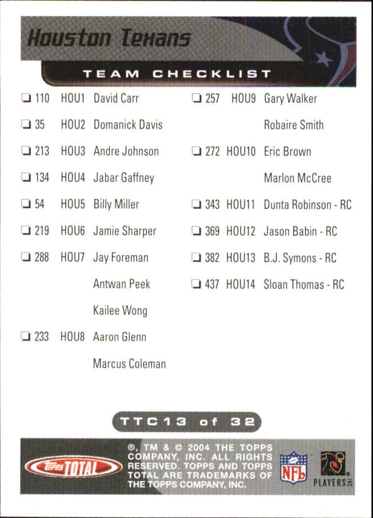2004 Topps Total Team Checklists #TTC13 Domanick Davis back image