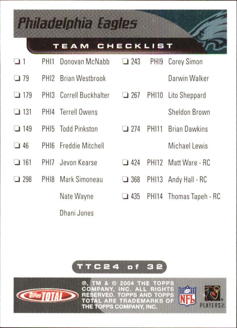2004 Topps Total Team Checklists #TTC24 Donovan McNabb back image