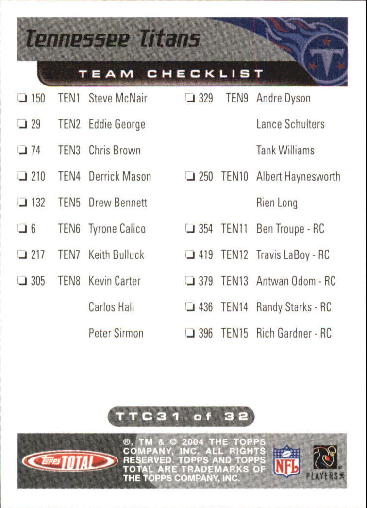 2004 Topps Total Team Checklists #TTC31 Steve McNair back image