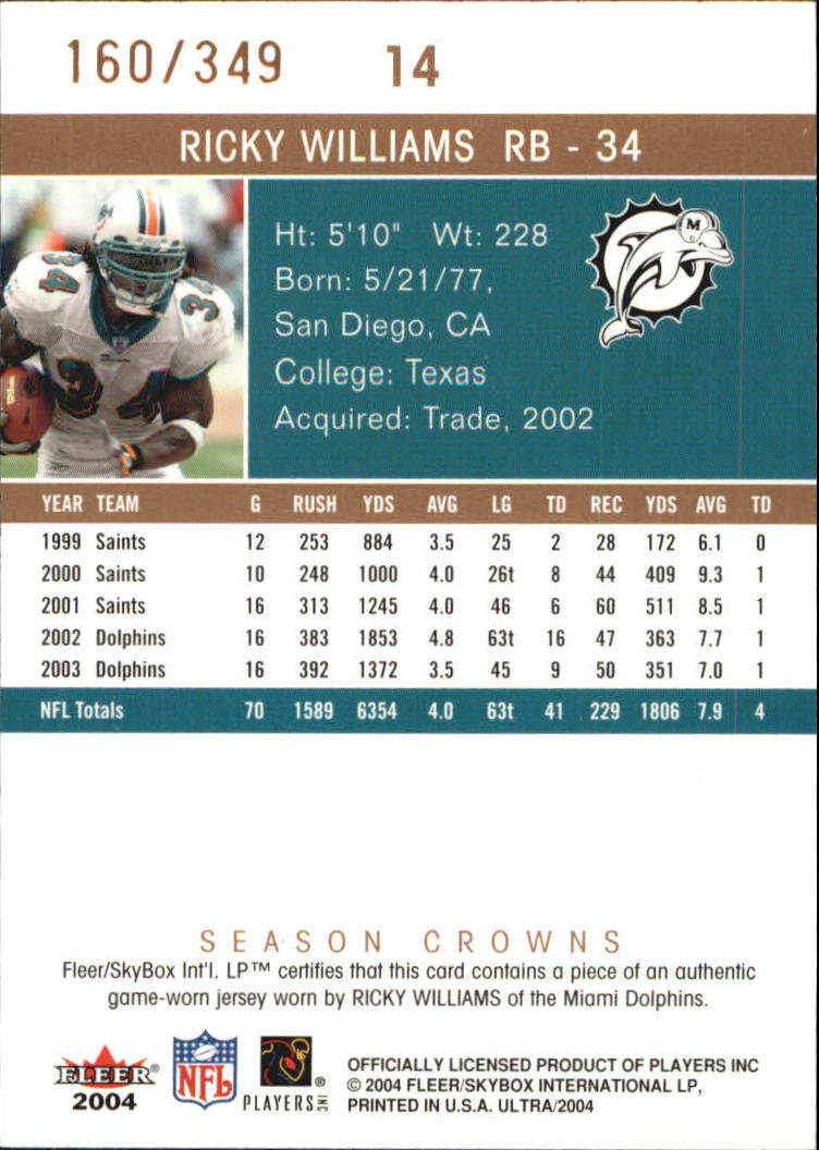 2004 Ultra Season Crowns Game Used Copper #14 Ricky Williams back image