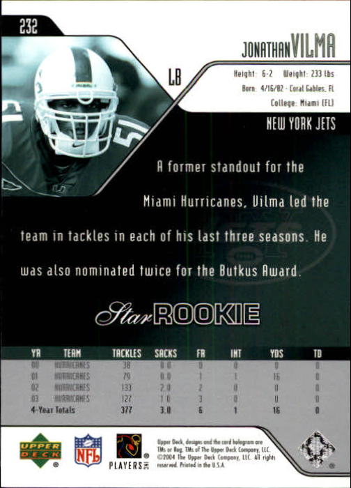 2004 Upper Deck Football "Main Set" Cards #208 to #275 - Picture 23 of 109