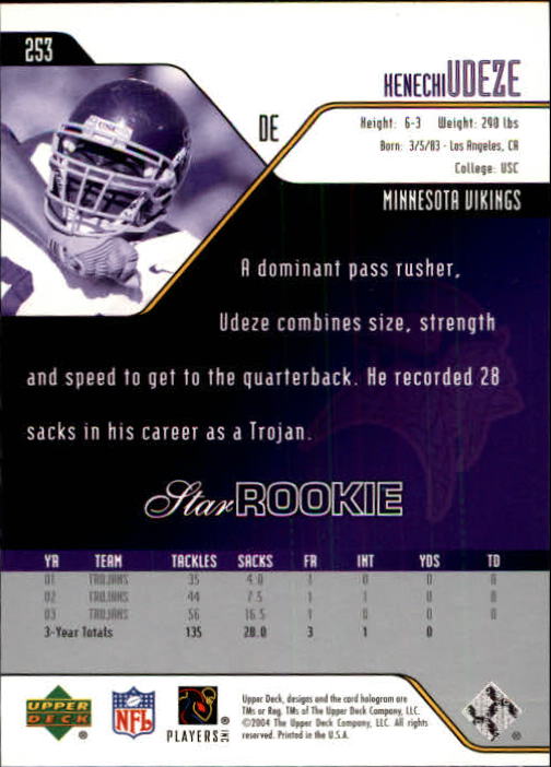 2004 Upper Deck Football "Main Set" Cards #208 to #275 - Picture 65 of 109
