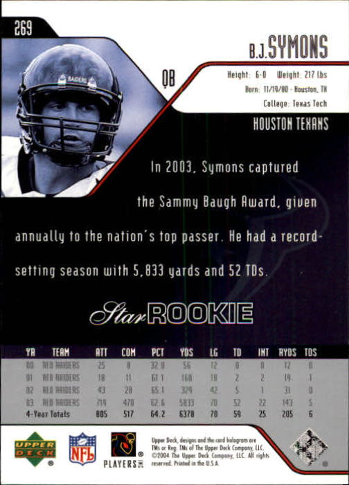 2004 Upper Deck Football "Main Set" Cards #208 to #275 - Picture 97 of 109