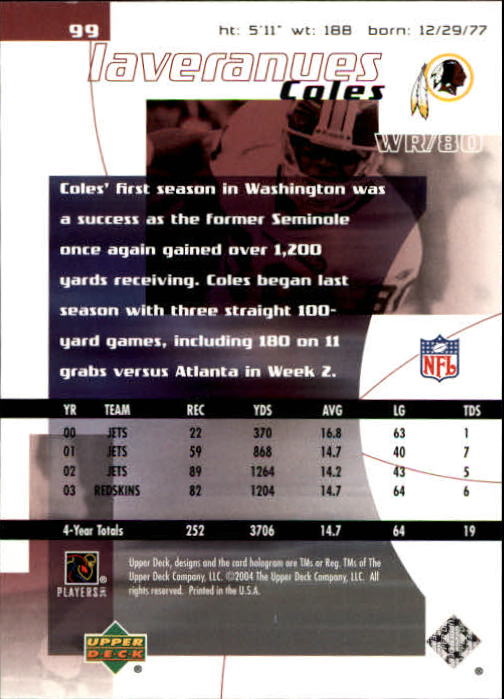 2004 Finite HG (Upper Deck) Football "Main Set" Cards #1 to #260 - Picture 195 of 277