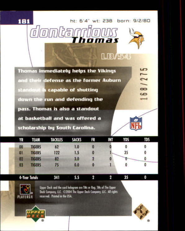 2004 Finite HG (Upper Deck) Football "Main Set" Cards #1 to #260 - Picture 243 of 277