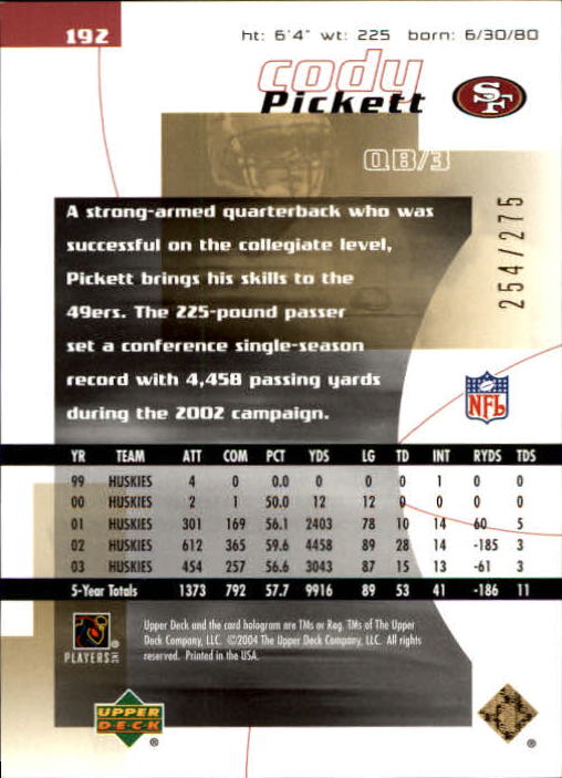 2004 Finite HG (Upper Deck) Football "Main Set" Cards #1 to #260 - Picture 251 of 277