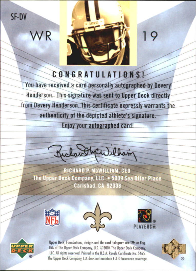 2004 Upper Deck Foundations Signature Foundations #SFDV Devery Henderson back image