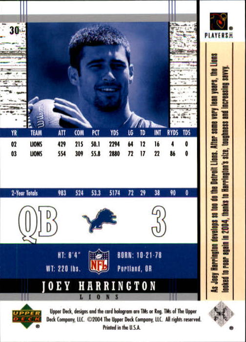 2004 Upper Deck Legends #30 Joey Harrington back image