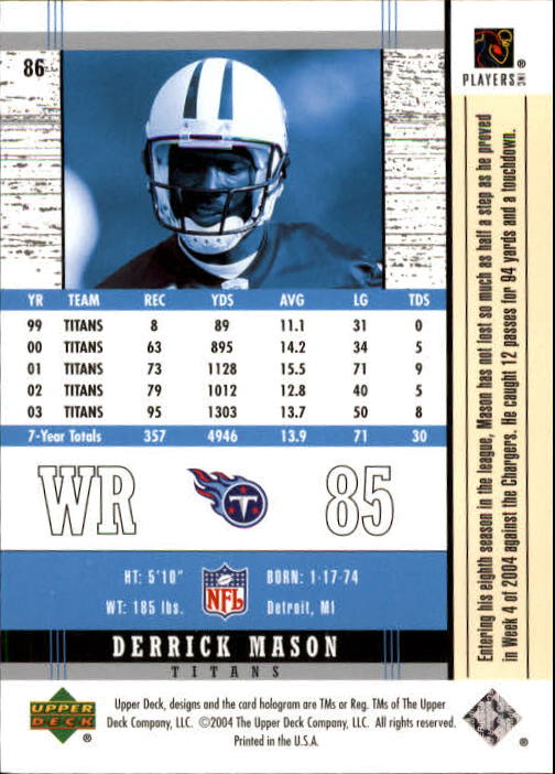 2004 Upper Deck Legends #86 Derrick Mason back image