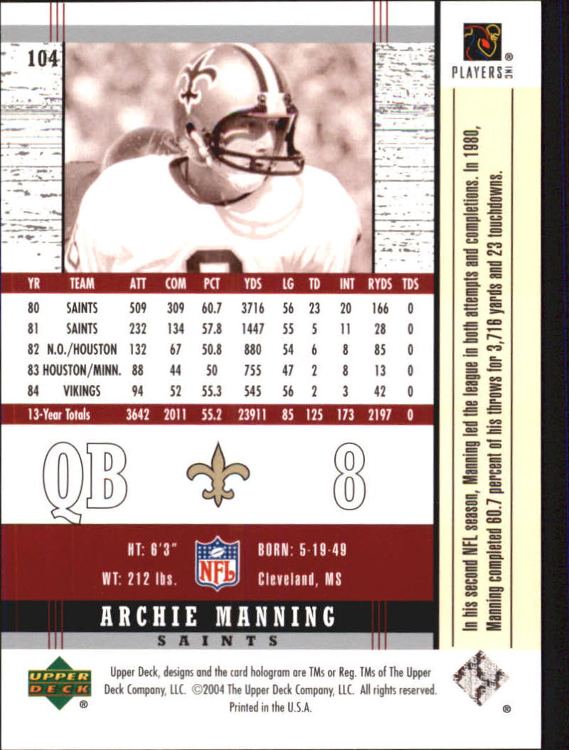 2004 Upper Deck Legends #104 Archie Manning back image