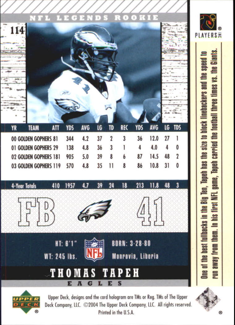 2004 Upper Deck Legends #114 Thomas Tapeh RC back image
