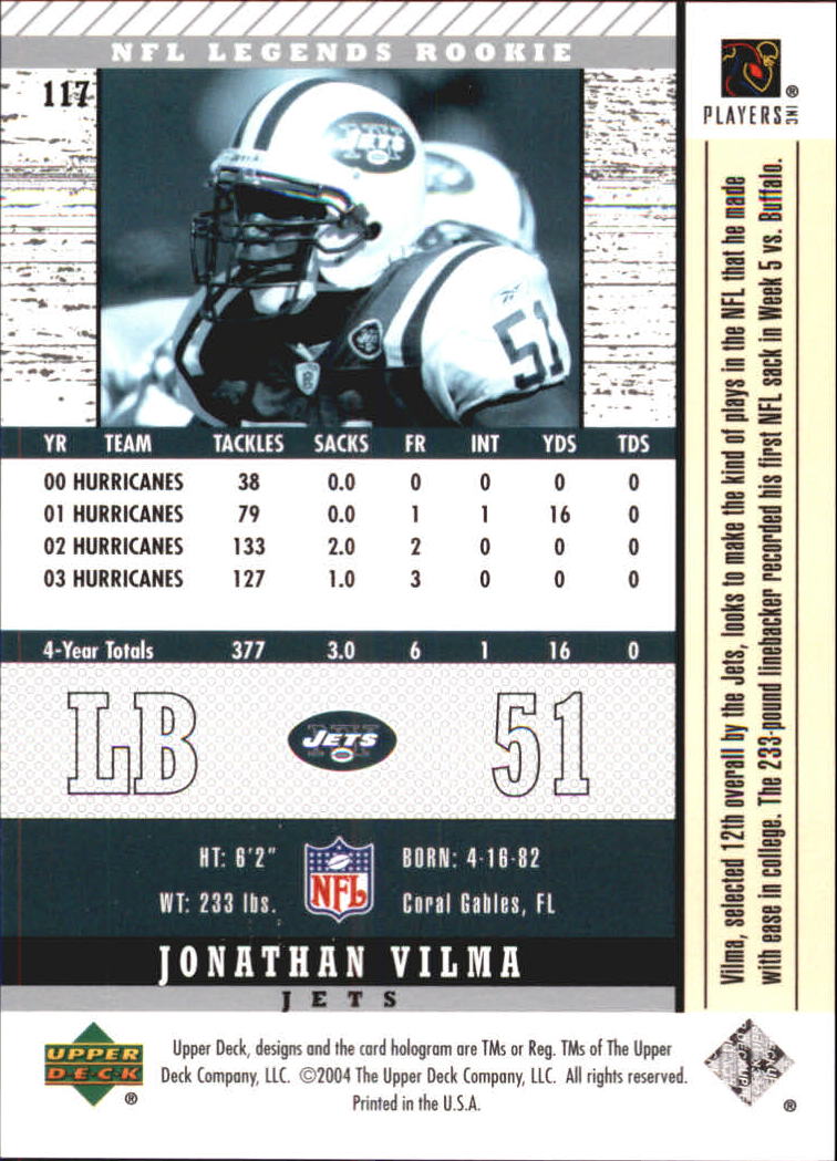 2004 Legends (Upper Deck) Football "Main Set" Cards #1 to #186 - Picture 191 of 219