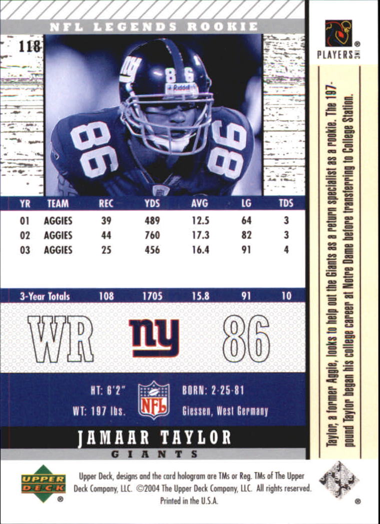 2004 Upper Deck Legends #118 Jamaar Taylor RC back image